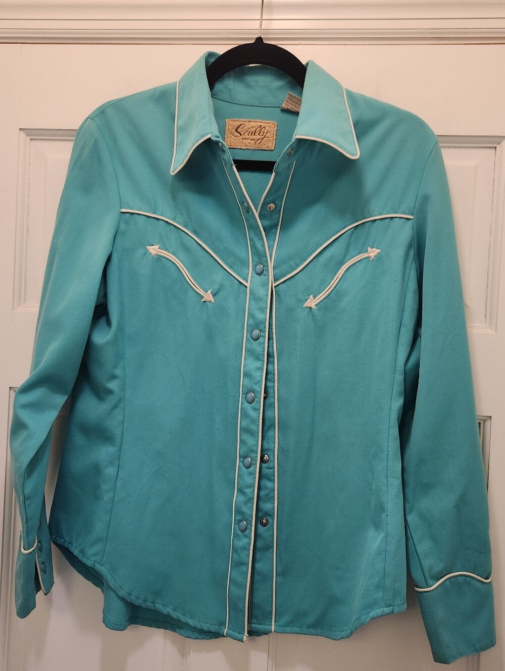 Vintage 70s Minty Turquoise Scully Western Button Up Blouse Top S Stagecoach